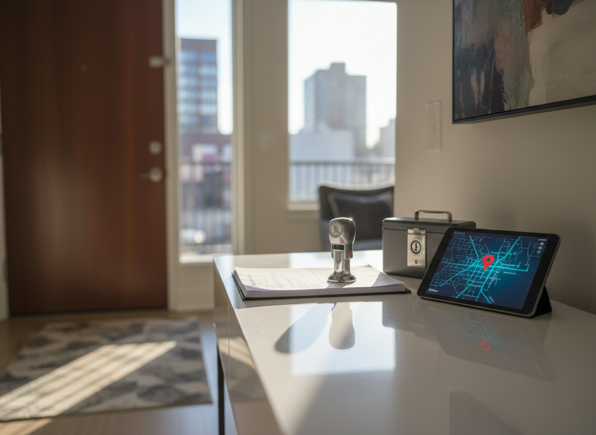 A modern home entryway console table transformed into a temporary notary signing area, showcasing the convenience of in-home mobile notary visits. On a smooth white surface sit a tidy stack of documents, a sleek silver notary stamp, a discreet lockbox, and a tablet displaying an abstract map interface with a highlighted pin, no legible text. In the softly blurred background, a front door and a hint of urban apartment decor suggest Jersey City living. Warm afternoon light streams in from the side, casting elongated, gentle shadows. Photographic realism with a slightly elevated angle and balanced composition creates a welcoming, secure, and highly professional atmosphere for families and individuals.