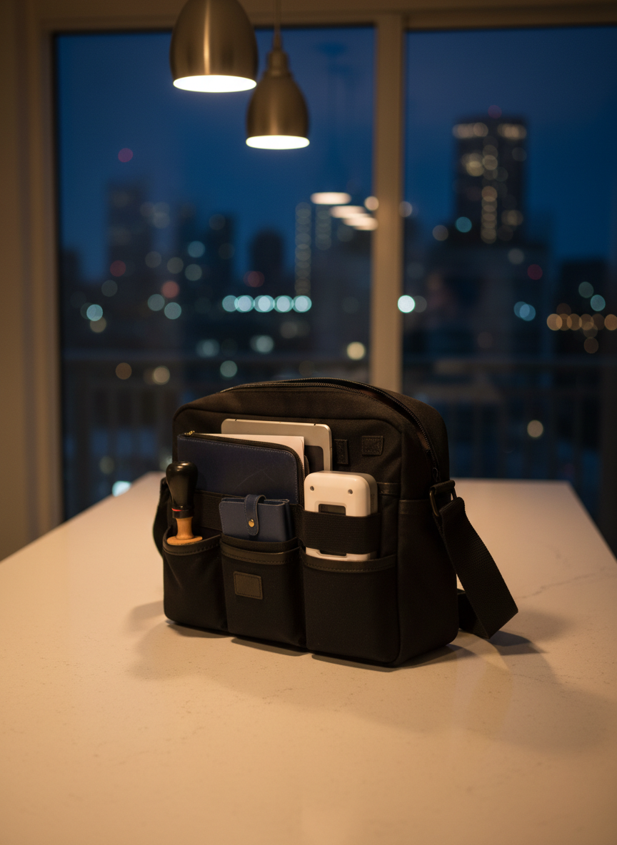 A nighttime scene of a mobile notary’s compact messenger bag opened on a kitchen island, emphasizing flexible appointment times. Inside the structured black bag, organized compartments neatly hold a notary stamp, secure document pouch, slim tablet, and portable scanner. The island’s smooth quartz surface reflects warm pendant lighting from above, creating cozy, golden highlights and soft shadows. In the background, a blurred view of a Jersey City apartment window shows faint city lights. Photographic realism with a three-quarter angle and moderate depth of field keeps the bag and tools in sharp focus. The mood is dependable and reassuring, suggesting after-hours, confidential notary services tailored to clients’ schedules.