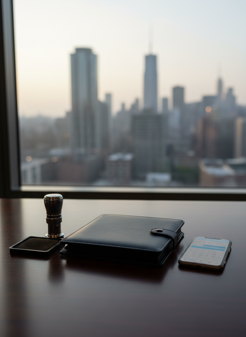 A neatly arranged mobile notary signing setup on a sleek dark wood desk, featuring a closed navy-blue leather folder, a high-quality metal notary stamp, an ink pad, and a modern smartphone displaying a clean, minimalist scheduling app interface without readable text. The desk sits near a large window overlooking a subtle, out-of-focus Jersey City skyline. Soft morning daylight washes across the surface, creating gentle reflections and crisp shadows. Photographic realism, eye-level composition with shallow depth of field keeps the tools in sharp focus while the background softly blurs. The mood is professional, calm, and trustworthy, conveying accuracy and convenience for mobile notary services.