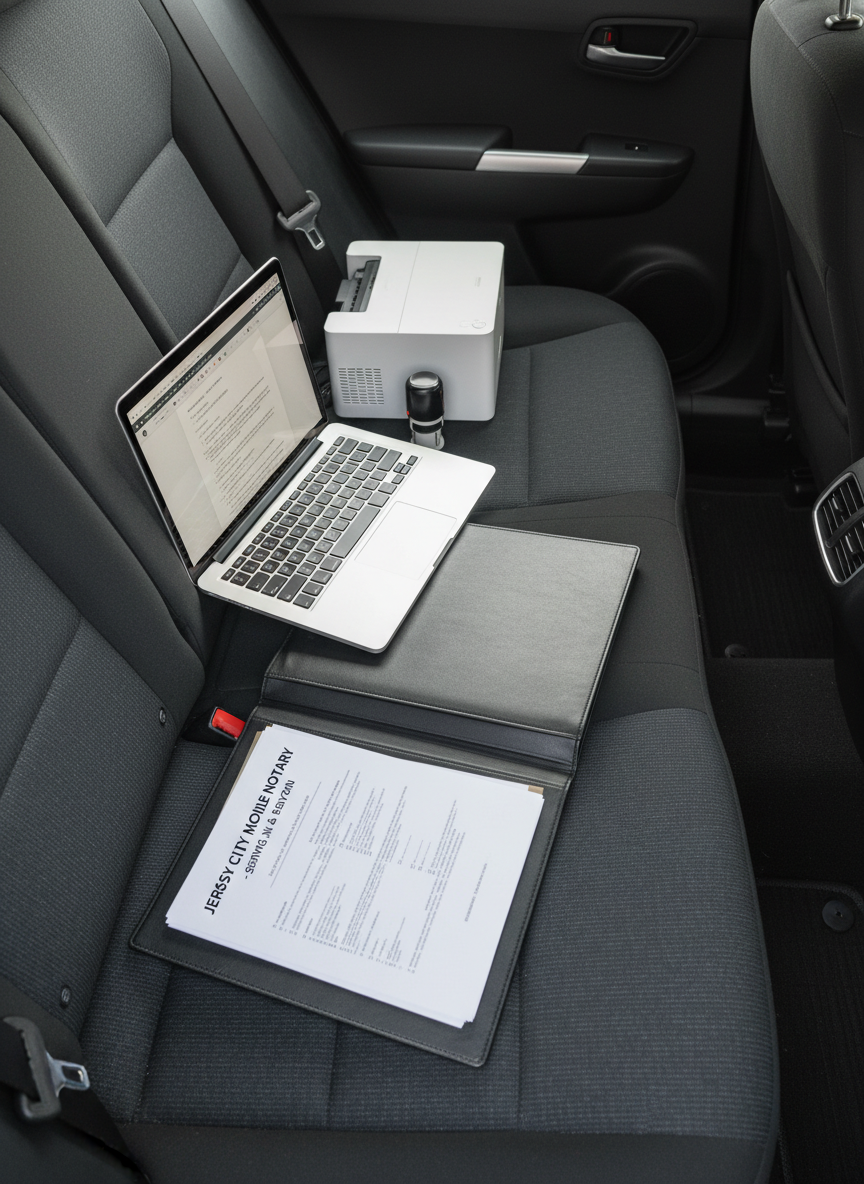 An overhead, photographic view of a compact mobile notary workstation arranged on the back seat of a car, emphasizing the mobile-first nature of the service.