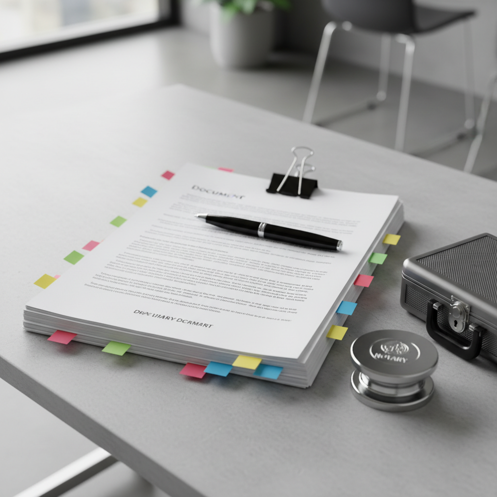 A close-up, photographic realistic scene of a neatly stacked set of loan documents on a light gray desk, with crisp white pages, neatly aligned colored sticky flags, and a premium black-and-chrome pen placed precisely on top. Beside the documents lies a polished metal notary embossing seal and a small, discreet lockable document case, hinting at confidentiality. Natural diffused daylight comes from the left, casting soft shadows and subtle highlights on the paper texture. The background is tastefully blurred, suggesting a modern office environment. Shot from a slightly elevated angle with a clean, minimalist composition, the atmosphere feels organized, precise, and reliable, ideal for a certified loan signing service hero image.