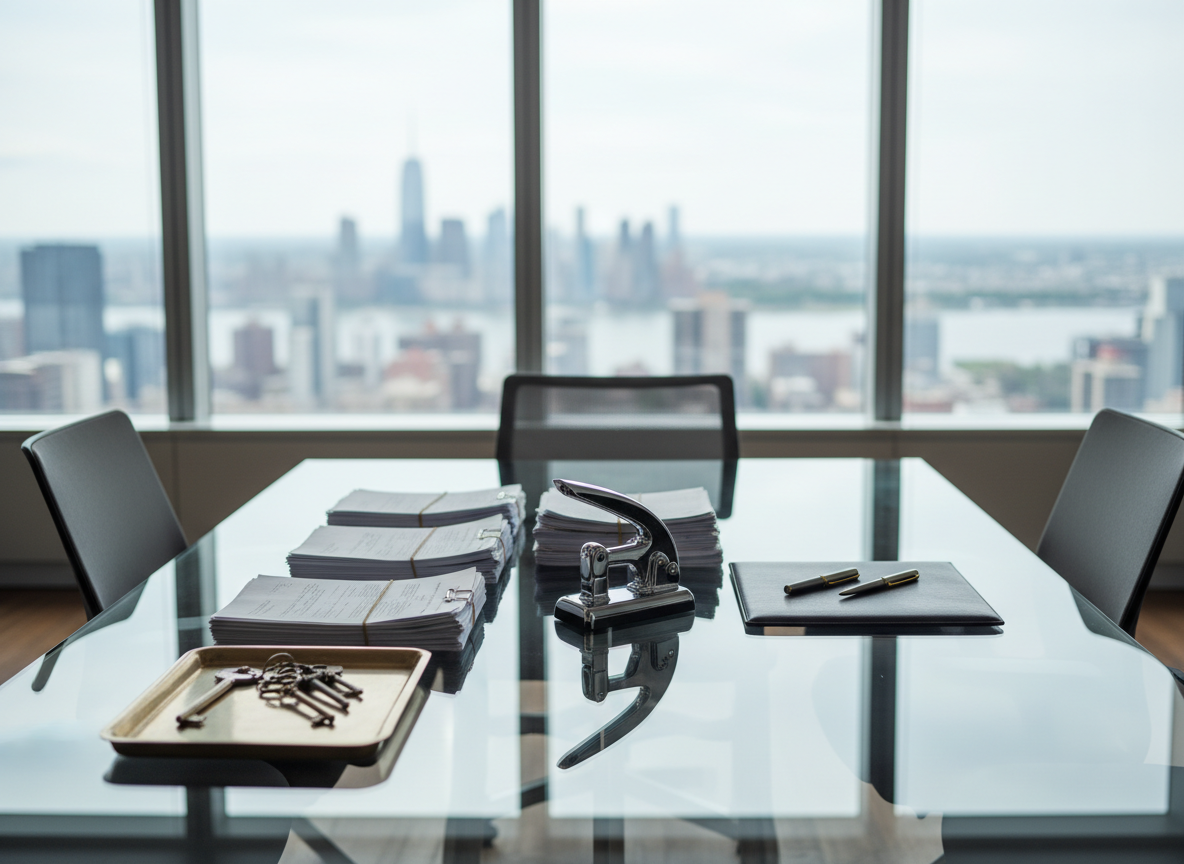 A detailed, photographic image of a minimalist, glass-topped conference table prepared for a real estate closing in a modern Jersey City high-rise office. On the table are organized loan packets, a streamlined metal notary seal, a pair of elegant pens, and a small tray with key-shaped decor symbolizing property. Floor-to-ceiling windows in the background reveal a softly blurred cityscape with high-rises and the distant river. Cool, diffused daylight fills the room, creating clean reflections on the glass surface. Shot at eye level with sharp focus across the scene, the mood is serious yet inviting, highlighting accuracy, professionalism, and confidentiality for real estate professionals, title companies, and lenders.